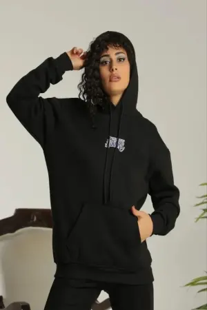 Baskılı Oversize Üç İplik Kapüşonlu Sweatshirt - Siyah - 2