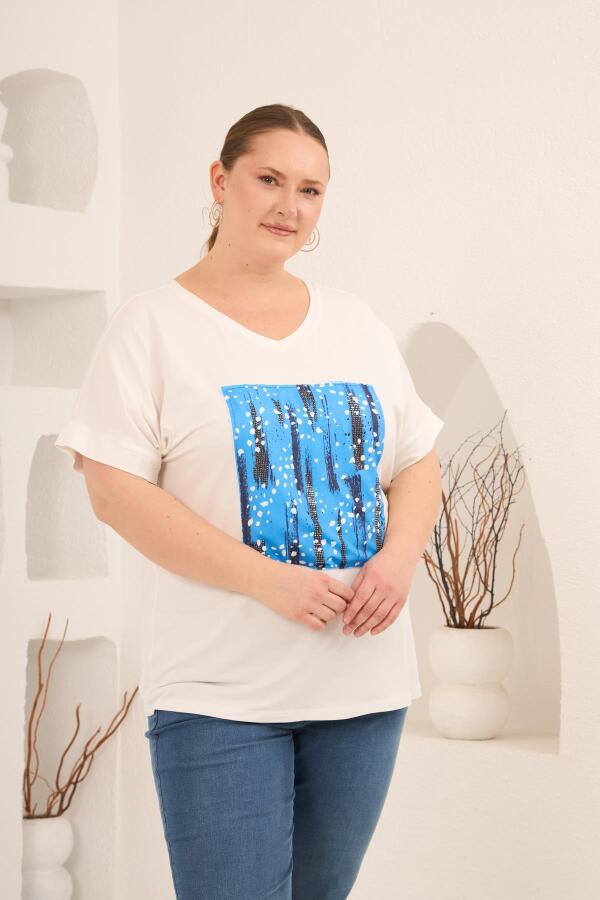 Baskılı Taş Detaylı Büyük Beden Tişört Ekru - 3