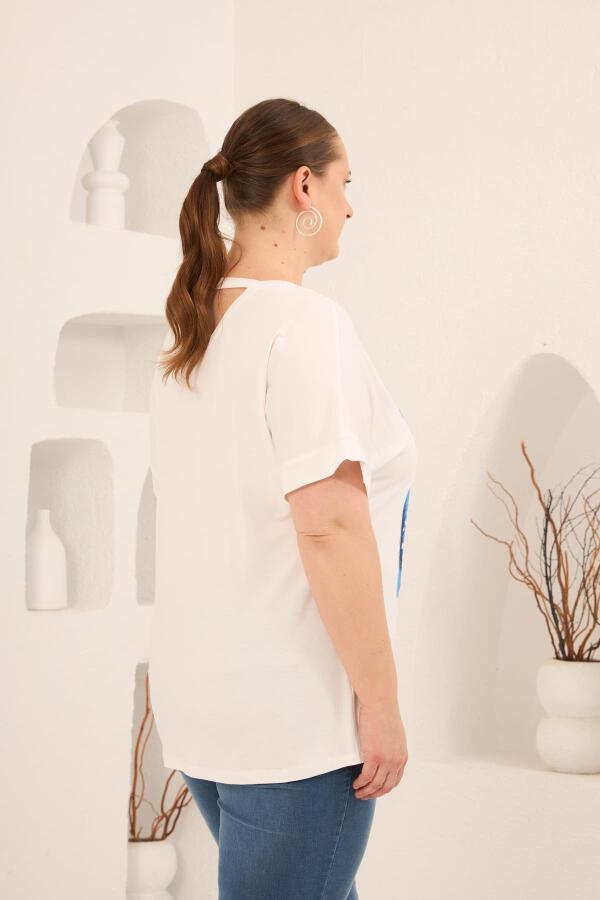 Baskılı Taş Detaylı Büyük Beden Tişört Ekru - 5