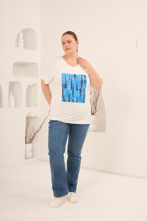 Baskılı Taş Detaylı Büyük Beden Tişört Ekru - 6