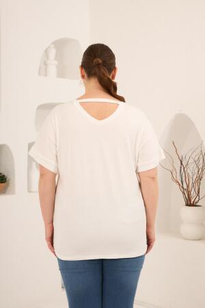 Baskılı Taş Detaylı Büyük Beden Tişört Ekru - RMG (1)