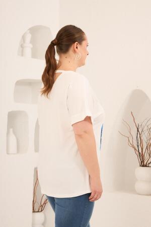 Baskılı Taş Detaylı Büyük Beden Tişört Ekru - 5