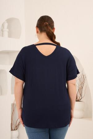Baskılı Taş Detaylı Büyük Beden Tişört Lacivert - RMG (1)