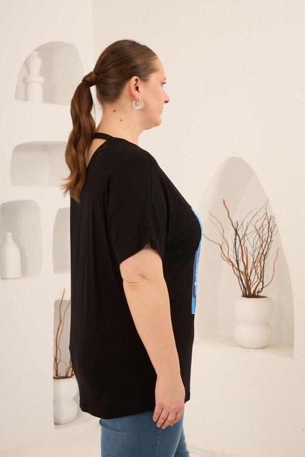 Baskılı Taş Detaylı Büyük Beden Tişört Siyah - 4