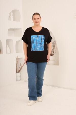 Baskılı Taş Detaylı Büyük Beden Tişört Siyah - 5