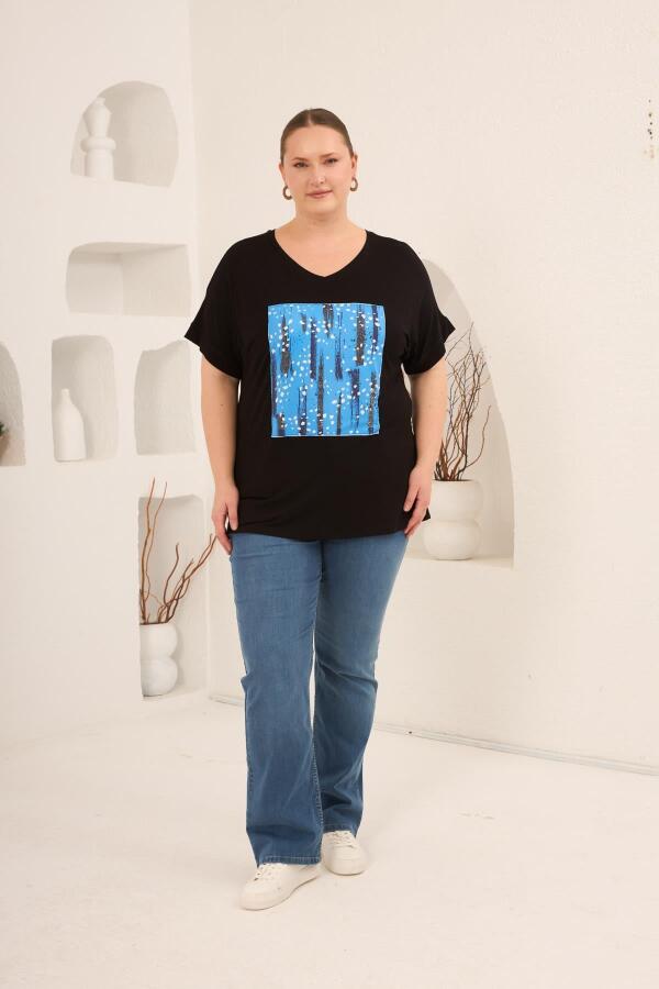 Baskılı Taş Detaylı Büyük Beden Tişört Siyah - 5