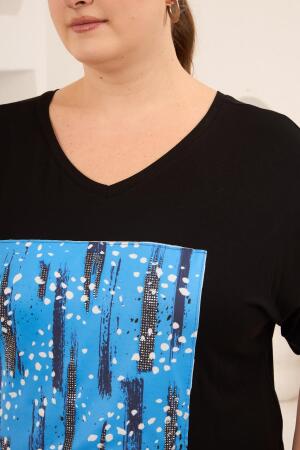 Baskılı Taş Detaylı Büyük Beden Tişört Siyah - 3