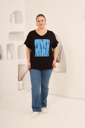 Baskılı Taş Detaylı Büyük Beden Tişört Siyah - 5