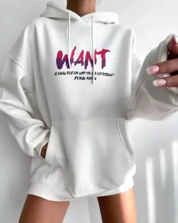 Baskılı Üç İplik Kapüşonlu Oversize Sweatshirt - Beyaz - ANGELINO BuyukBedeniz (1)