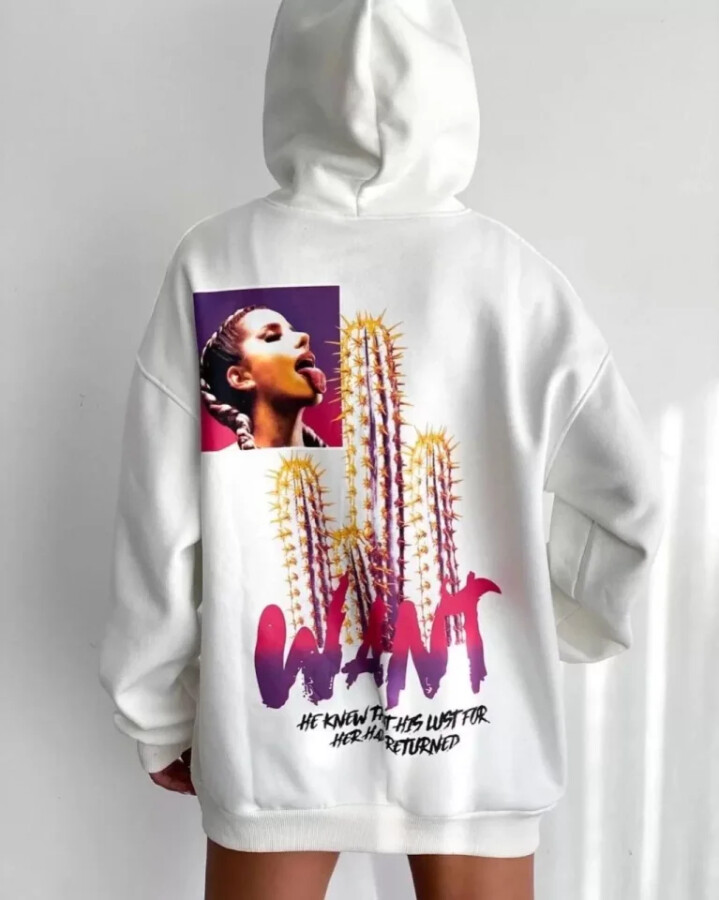 Baskılı Üç İplik Kapüşonlu Oversize Sweatshirt - Beyaz - ANGELINO BuyukBedeniz