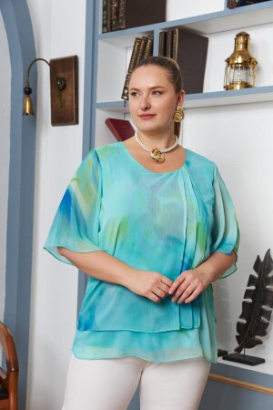 Batik Desenli Pileli Büyük Beden Şifon Bluz Yeşil - 1