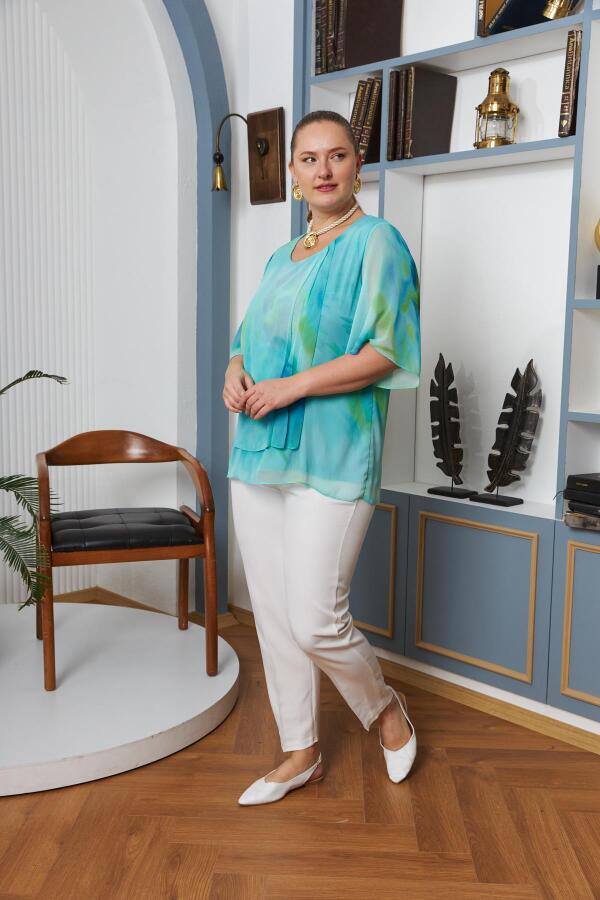 Batik Desenli Pileli Büyük Beden Şifon Bluz Yeşil - 4