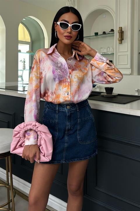 Batik Desenli Saten Gömlek 3409 - 7