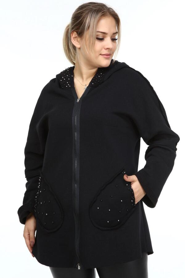 Bead Detail Three Thread Plus Size Coat Black - 1