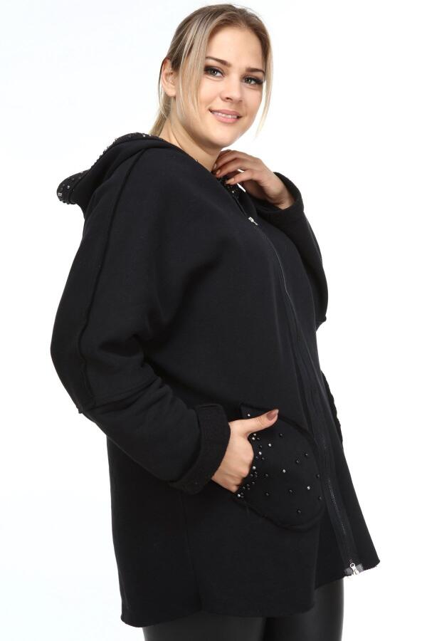 Bead Detail Three Thread Plus Size Coat Black - 2