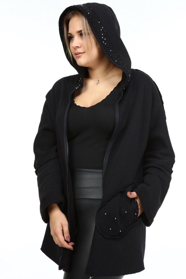 Bead Detail Three Thread Plus Size Coat Black - 3