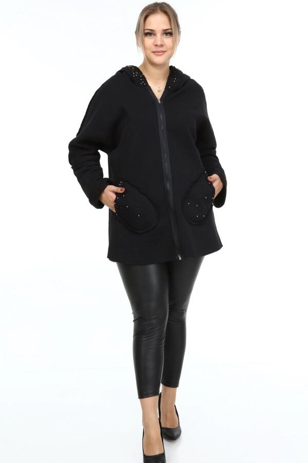 Bead Detail Three Thread Plus Size Coat Black - 4