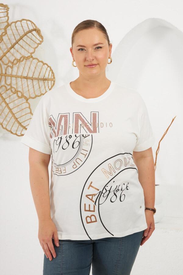 Beat Move Baskılı Büyük Beden Tişört Ekru - 1