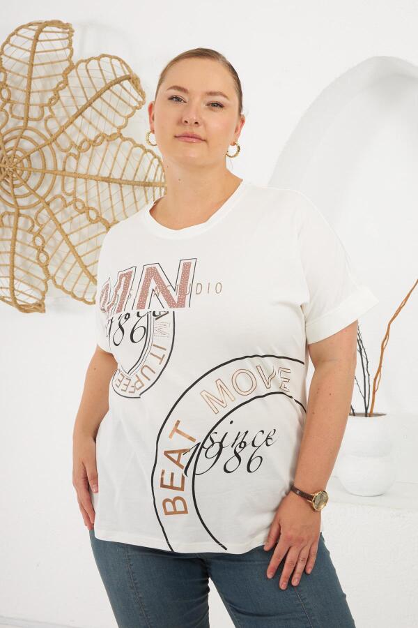 Beat Move Baskılı Büyük Beden Tişört Ekru - 3