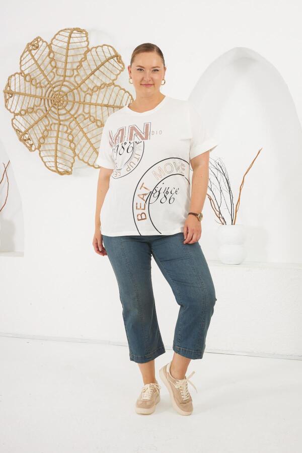 Beat Move Baskılı Büyük Beden Tişört Ekru - 6