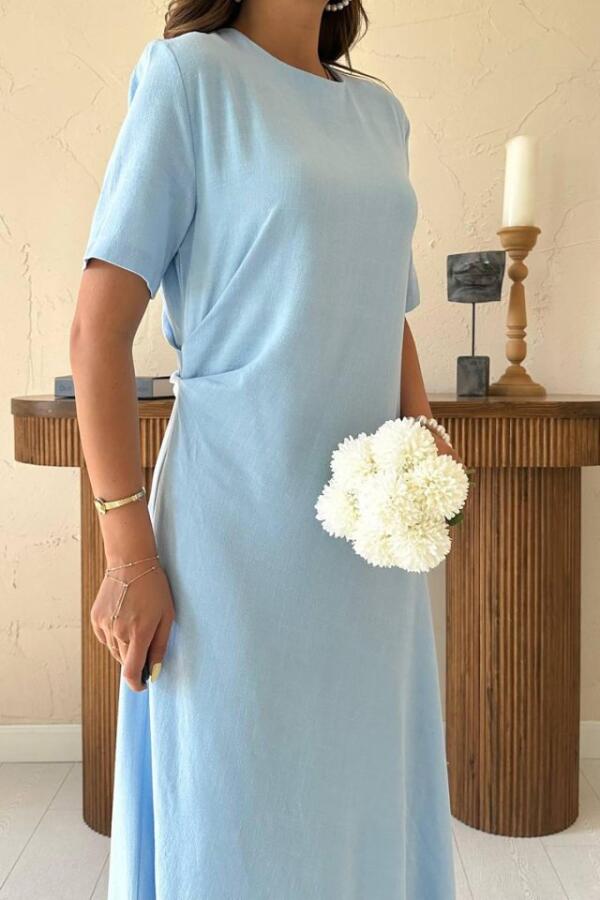 Bebe Mavi Pileli Bisiklet Yaka Elbise - 4