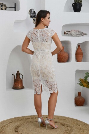 Beige Lace Short Sleeve Wedding Dress - 5
