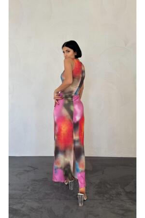 Bej Batik Desenli Elbise - 3