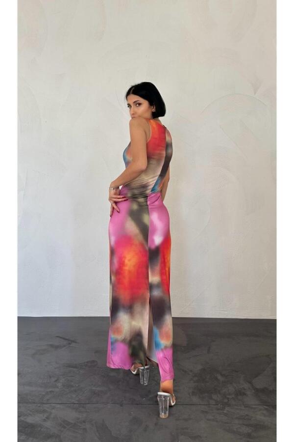 Bej Batik Desenli Elbise - 3