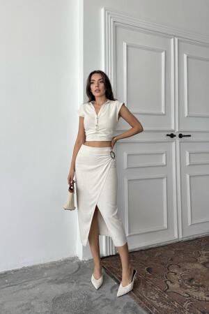 Bej Keten Gömlek Ve Etek Takım - 3