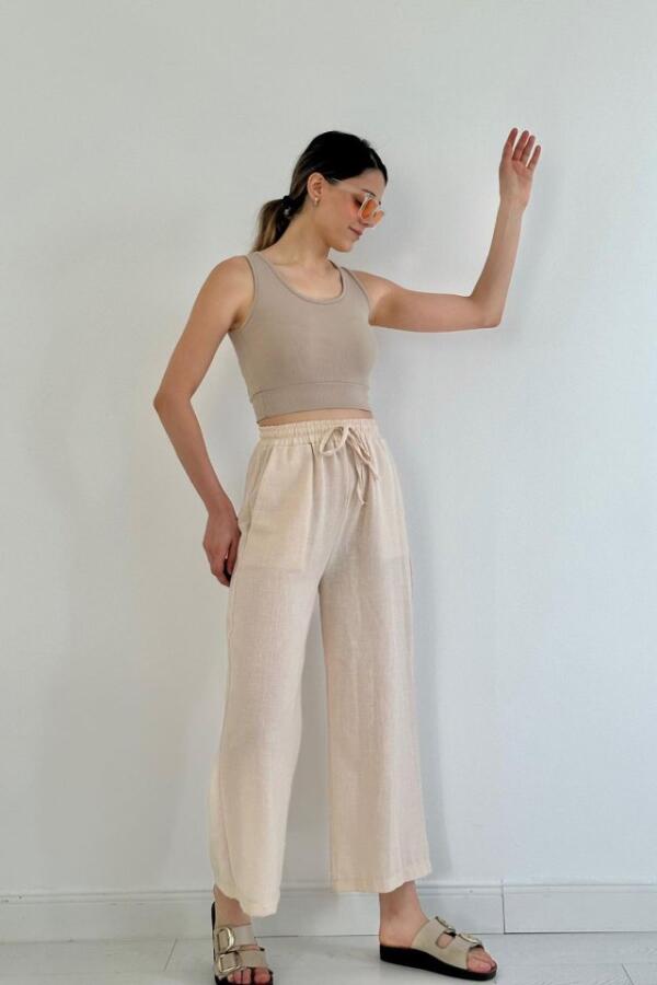Bej Keten Pantolon - 1