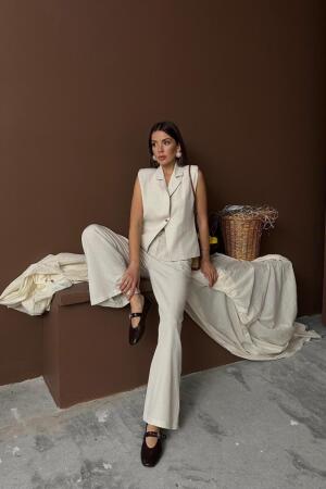 Bej Keten Yelek Pantolon Takım - 3