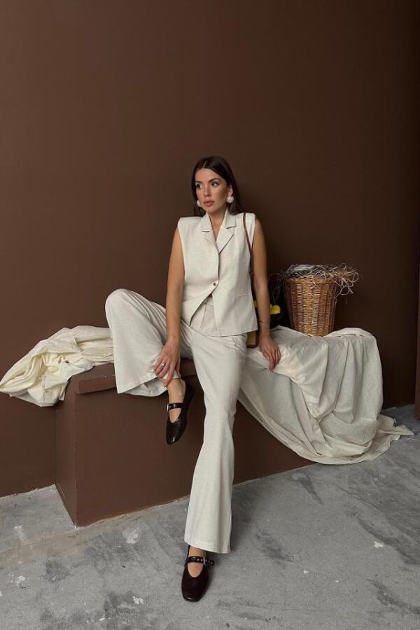 Bej Keten Yelek Pantolon Takım - 3