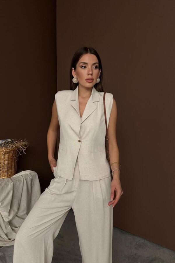 Bej Keten Yelek Pantolon Takım - 4