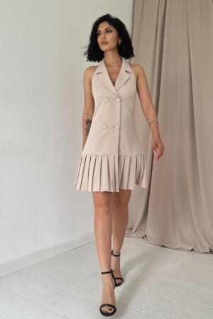 Bej Sırtı Açık Ceket Yakalı Elbise - ANGELINO BuyukBedeniz