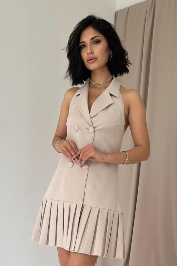 Bej Sırtı Açık Ceket Yakalı Elbise - 2