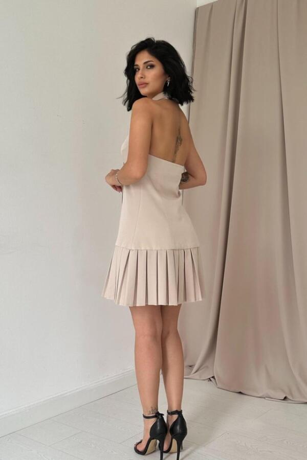 Bej Sırtı Açık Ceket Yakalı Elbise - 3