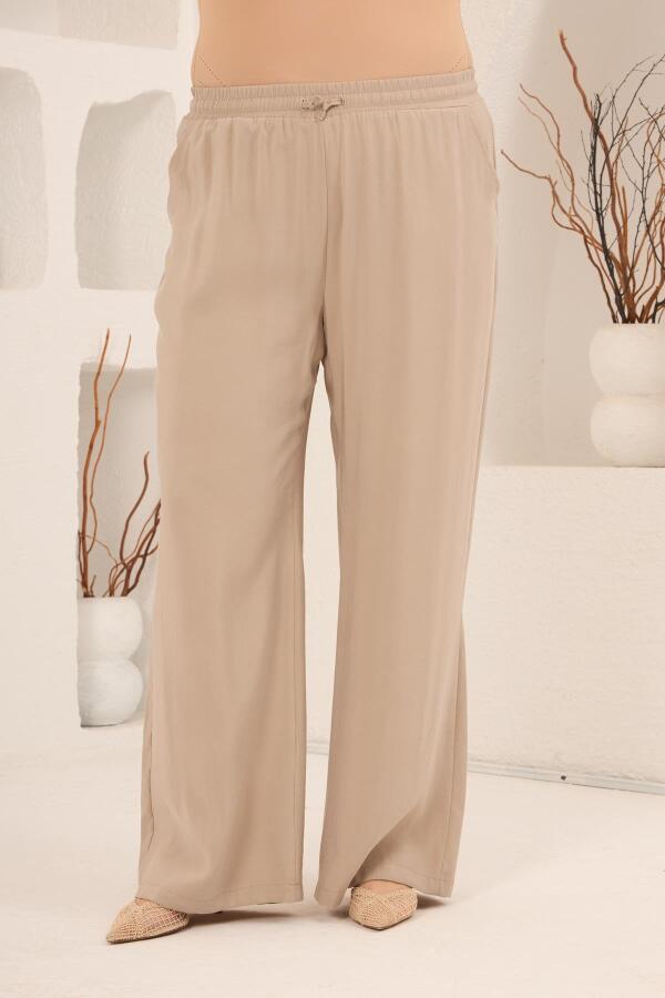 Bel Bağcık Detaylı Beli Lastikli Kadın Büyük Beden Pantolon Bej - 1