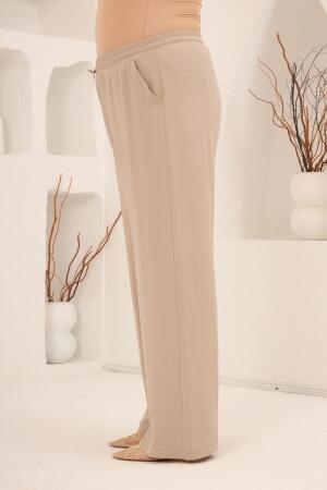 Bel Bağcık Detaylı Beli Lastikli Kadın Büyük Beden Pantolon Bej - RMG (1)
