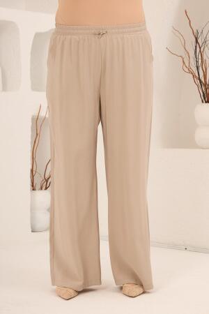 Bel Bağcık Detaylı Beli Lastikli Kadın Büyük Beden Pantolon Bej - 3