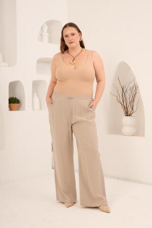 Bel Bağcık Detaylı Beli Lastikli Kadın Büyük Beden Pantolon Bej - 4