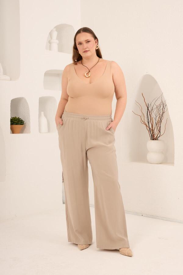 Bel Bağcık Detaylı Beli Lastikli Kadın Büyük Beden Pantolon Bej - 4