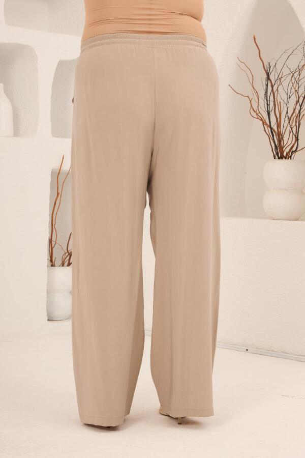 Bel Bağcık Detaylı Beli Lastikli Kadın Büyük Beden Pantolon Bej - 5