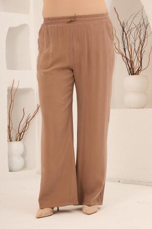 Bel Bağcık Detaylı Beli Lastikli Kadın Büyük Beden Pantolon Camel - RMG