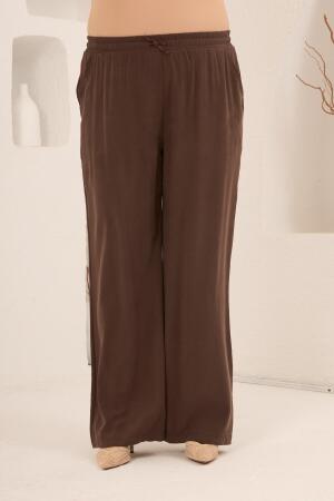 Bel Bağcık Detaylı Beli Lastikli Kadın Büyük Beden Pantolon Kahve - RMG