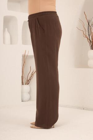Bel Bağcık Detaylı Beli Lastikli Kadın Büyük Beden Pantolon Kahve - 3