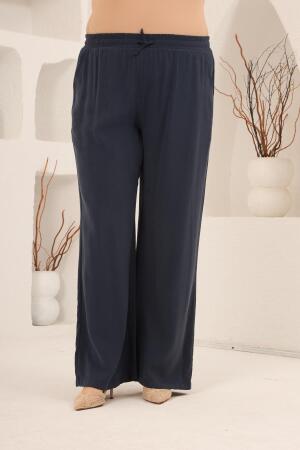Bel Bağcık Detaylı Beli Lastikli Kadın Büyük Beden Pantolon Lacivert - RMG