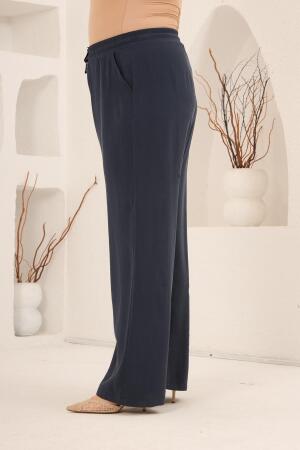 Bel Bağcık Detaylı Beli Lastikli Kadın Büyük Beden Pantolon Lacivert - RMG (1)