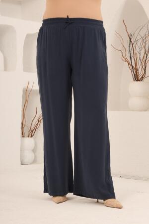 Bel Bağcık Detaylı Beli Lastikli Kadın Büyük Beden Pantolon Lacivert - 3