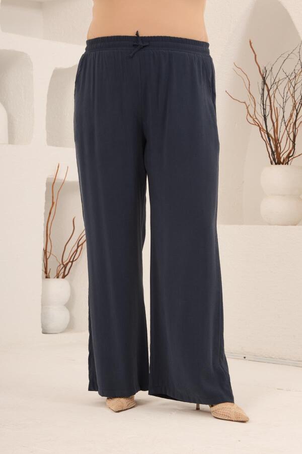 Bel Bağcık Detaylı Beli Lastikli Kadın Büyük Beden Pantolon Lacivert - 3