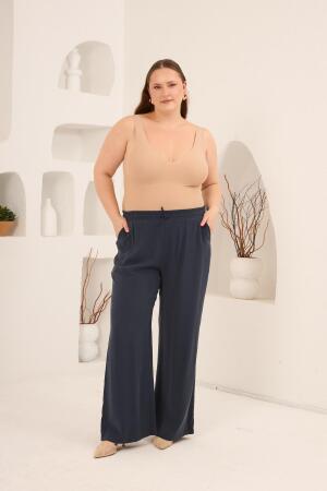Bel Bağcık Detaylı Beli Lastikli Kadın Büyük Beden Pantolon Lacivert - 4